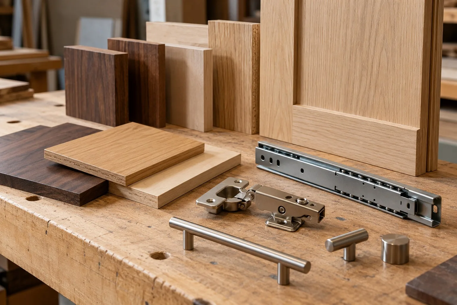 Holzmuster und Möbelbeschläge zur Auswahl einer individuellen Einrichtung